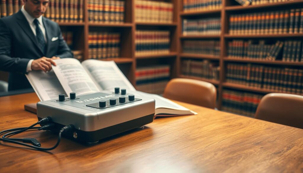 A compelling visualization of the "polygraph admissibility legal standard," showcasing a professional setting. In the foreground, a sleek, modern polygraph machine with connected sensors sits on a polished wooden table. To the left, a well-dressed legal professional in a tailored suit examines the machine, symbolizing the intersection of law and science. In the middle ground, a large book with documents containing scientific data and legal standards is open, emphasizing the scientific foundation. The background features soft-focus shelves filled with legal books and case law references, creating an academic ambiance. Warm, diffused lighting enhances the professional atmosphere. The angle is slightly elevated, providing a clear view of the scene, while maintaining a serious and insightful mood. A compelling visualization of the "polygraph admissibility legal standard," showcasing a professional setting. In the foreground, a sleek, modern polygraph machine with connected sensors sits on a polished wooden table. To the left, a well-dressed legal professional in a tailored suit examines the machine, symbolizing the intersection of law and science. In the middle ground, a large book with documents containing scientific data and legal standards is open, emphasizing the scientific foundation. The background features soft-focus shelves filled with legal books and case law references, creating an academic ambiance. Warm, diffused lighting enhances the professional atmosphere. The angle is slightly elevated, providing a clear view of the scene, while maintaining a serious and insightful mood.
