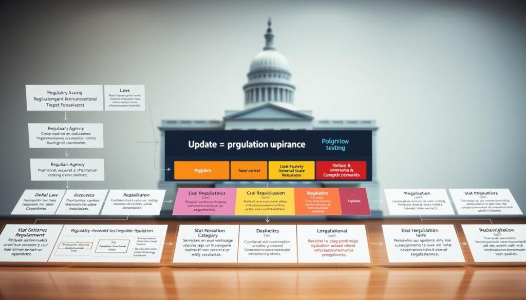 A complex diagram illustrating regulatory updates in polygraph testing. In the foreground, detailed flowcharts represent various regulatory agency announcements, with arrows indicating relationships and impacts on compliance. In the middle ground, a layered structure presents distinct categories of laws and updates, with colors differentiating between national and state regulations. In the background, an abstract representation of a governmental building symbolizes oversight and authority. Use soft, professional lighting that underscores clarity and focus, ensuring each element is easily distinguishable. The atmosphere should feel informative and meticulous, inviting viewers to explore the intricacies of compliance trends. The overall composition should be clean and organized, allowing for easy understanding of the complex relationships between the elements in the diagram. A complex diagram illustrating regulatory updates in polygraph testing. In the foreground, detailed flowcharts represent various regulatory agency announcements, with arrows indicating relationships and impacts on compliance. In the middle ground, a layered structure presents distinct categories of laws and updates, with colors differentiating between national and state regulations. In the background, an abstract representation of a governmental building symbolizes oversight and authority. Use soft, professional lighting that underscores clarity and focus, ensuring each element is easily distinguishable. The atmosphere should feel informative and meticulous, inviting viewers to explore the intricacies of compliance trends. The overall composition should be clean and organized, allowing for easy understanding of the complex relationships between the elements in the diagram.