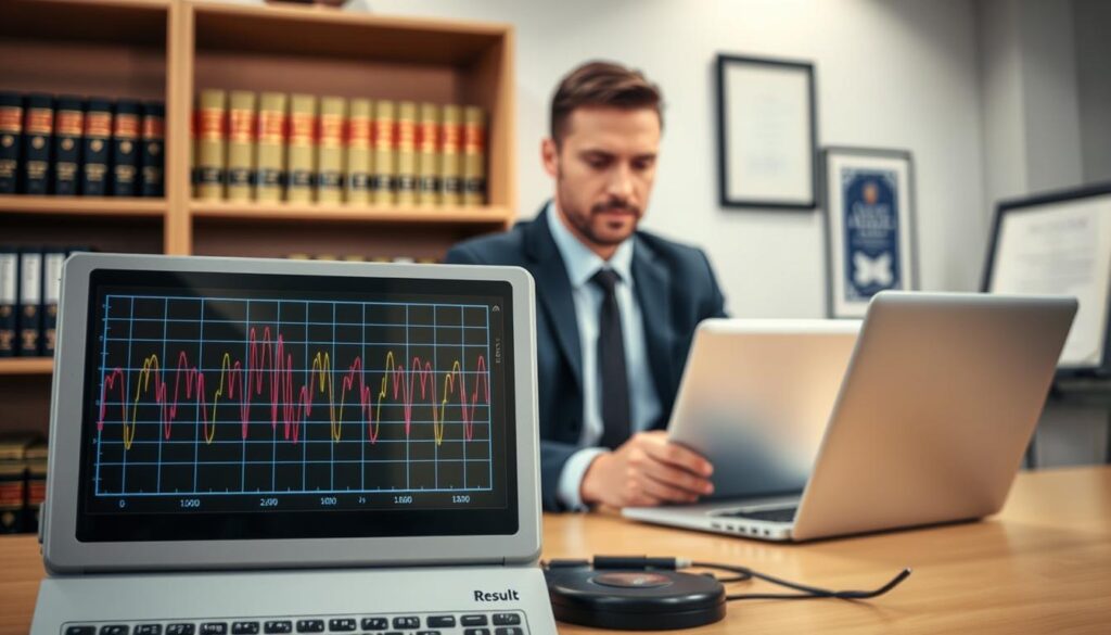 A detailed polygraph result analysis scene in a modern office setting. In the foreground, a clear image of a polygraph machine displaying a colorful line graph with distinct peaks and troughs, indicating emotional responses. In the middle, a focused professional in business attire analyzing the results on a laptop, reflecting a serious and studious expression. The background shows shelves filled with legal books and a framed certificate, emphasizing a forensic psychology or legal context. Soft, diffused lighting enhances the serious atmosphere, with a slight focus blur on the background to draw attention to the foreground elements. The overall mood conveys an analytical and professional approach to understanding false positives and negatives in polygraph testing.