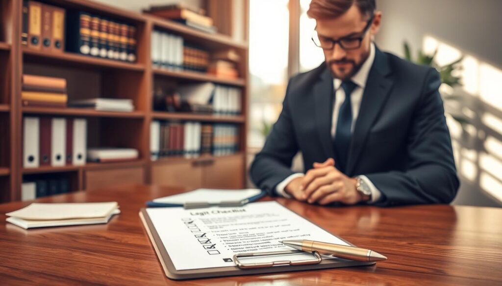 A focused and organized office environment showcasing an "audit checklist" theme. In the foreground, a wooden desk neatly arranged with a clipboard featuring a printed checklist highlighting legal compliance points, a pen placed beside it. The middle ground features a business professional in a suit, attentively reviewing the checklist, exuding a sense of responsibility and diligence. In the background, soft-focus shelves filled with legal books and documents, indicating an atmosphere of thoroughness and preparation. Warm, natural lighting streaming through a nearby window, casting gentle shadows to create a calm and professional mood. The overall composition should reflect precision and care necessary for conducting an audit. A focused and organized office environment showcasing an "audit checklist" theme. In the foreground, a wooden desk neatly arranged with a clipboard featuring a printed checklist highlighting legal compliance points, a pen placed beside it. The middle ground features a business professional in a suit, attentively reviewing the checklist, exuding a sense of responsibility and diligence. In the background, soft-focus shelves filled with legal books and documents, indicating an atmosphere of thoroughness and preparation. Warm, natural lighting streaming through a nearby window, casting gentle shadows to create a calm and professional mood. The overall composition should reflect precision and care necessary for conducting an audit.