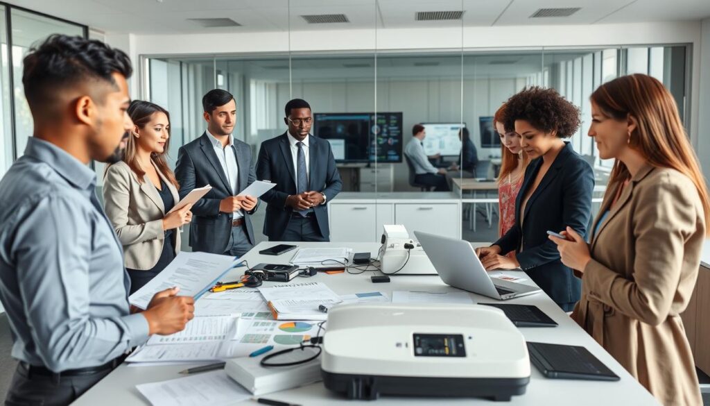 A modern office environment depicting workplace policy testing procedures. In the foreground, a diverse group of professionals in business attire are engaged in a serious discussion, with one person holding a clipboard and another using a laptop. The middle ground showcases a conference table cluttered with documents, charts, and a polygraph machine, emphasizing the theme of testing. In the background, a glass wall reveals additional team members analyzing data on large screens. Soft, natural lighting filters in from large windows, creating a calm yet focused atmosphere. The angle captures the interaction between team members, highlighting collaboration and professionalism while ensuring a well-organized and respectful setting. A modern office environment depicting workplace policy testing procedures. In the foreground, a diverse group of professionals in business attire are engaged in a serious discussion, with one person holding a clipboard and another using a laptop. The middle ground showcases a conference table cluttered with documents, charts, and a polygraph machine, emphasizing the theme of testing. In the background, a glass wall reveals additional team members analyzing data on large screens. Soft, natural lighting filters in from large windows, creating a calm yet focused atmosphere. The angle captures the interaction between team members, highlighting collaboration and professionalism while ensuring a well-organized and respectful setting.