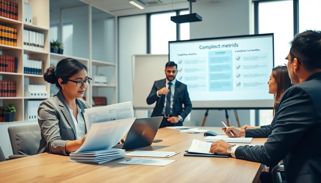 A modern office environment featuring a diverse team of professionals in business attire engaged in a serious discussion around a large conference table. In the foreground, a woman is reviewing a stack of compliance documentation, taking notes on a laptop, her expression focused. The middle ground showcases a man pointing at a projector screen displaying compliance metrics and audit checklists. The background includes shelves filled with legal books and compliance resources, with large windows letting in soft natural light that creates a productive atmosphere. The image captures a mood of diligence and teamwork dedicated to ensuring ongoing compliance for vendor audits, emphasizing professionalism and attention to detail. A modern office environment featuring a diverse team of professionals in business attire engaged in a serious discussion around a large conference table. In the foreground, a woman is reviewing a stack of compliance documentation, taking notes on a laptop, her expression focused. The middle ground showcases a man pointing at a projector screen displaying compliance metrics and audit checklists. The background includes shelves filled with legal books and compliance resources, with large windows letting in soft natural light that creates a productive atmosphere. The image captures a mood of diligence and teamwork dedicated to ensuring ongoing compliance for vendor audits, emphasizing professionalism and attention to detail.