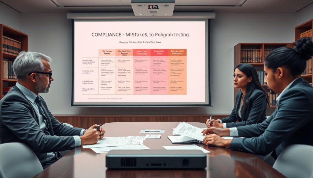 A modern office setting illustrating a case study on compliance mistakes related to polygraph testing. In the foreground, a diverse group of three professionals in business attire (two men and one woman) are engaged in a serious discussion, analyzing documents and graphs laid out on a conference table. The middle ground features a large projector screen displaying a chart highlighting key compliance issues and outcomes from real-world cases. The background shows shelves filled with legal books and compliance resources, with soft, ambient lighting creating a focused atmosphere. The camera angle is slightly elevated, capturing the dynamics of the discussion while maintaining a professional tone. The image conveys a sense of urgency and the importance of adherence to legal guidelines. A modern office setting illustrating a case study on compliance mistakes related to polygraph testing. In the foreground, a diverse group of three professionals in business attire (two men and one woman) are engaged in a serious discussion, analyzing documents and graphs laid out on a conference table. The middle ground features a large projector screen displaying a chart highlighting key compliance issues and outcomes from real-world cases. The background shows shelves filled with legal books and compliance resources, with soft, ambient lighting creating a focused atmosphere. The camera angle is slightly elevated, capturing the dynamics of the discussion while maintaining a professional tone. The image conveys a sense of urgency and the importance of adherence to legal guidelines.