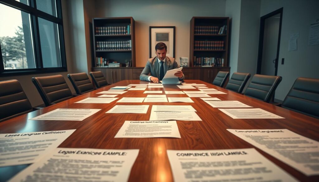 A polished office environment featuring a large, wooden conference table at the forefront, scattered with neatly organized documents showcasing various legal language examples, such as clauses, definitions, and compliance terms. In the middle ground, a professional person in business attire is diligently reviewing the documents, surrounded by a subtle glow of natural light filtering through large windows, casting soft shadows. The background displays a modern bookshelf filled with legal reference books and a framed certificate, adding a layer of authority to the scene. The mood is serious yet calm, embodying a sense of professionalism and diligence, emphasizing the importance of compliance in legal policy development. The angle is slightly elevated, capturing both the table's contents and the professional's focused demeanor. A polished office environment featuring a large, wooden conference table at the forefront, scattered with neatly organized documents showcasing various legal language examples, such as clauses, definitions, and compliance terms. In the middle ground, a professional person in business attire is diligently reviewing the documents, surrounded by a subtle glow of natural light filtering through large windows, casting soft shadows. The background displays a modern bookshelf filled with legal reference books and a framed certificate, adding a layer of authority to the scene. The mood is serious yet calm, embodying a sense of professionalism and diligence, emphasizing the importance of compliance in legal policy development. The angle is slightly elevated, capturing both the table's contents and the professional's focused demeanor.