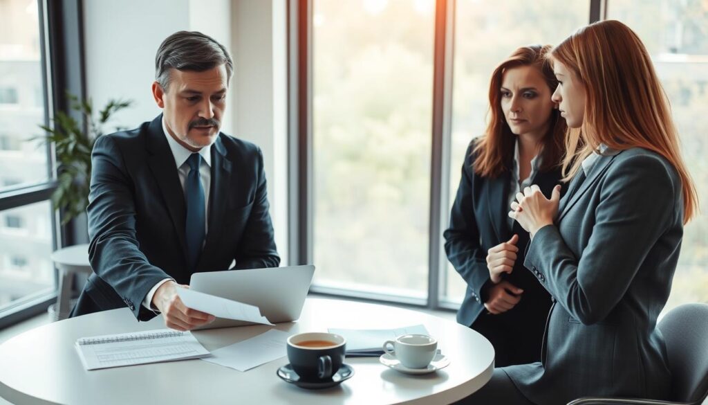 A professional HR manager in a modern office setting, engaged in a focused discussion with an employee, both dressed in business attire. In the foreground, the HR manager is pointing at a document on the desk, expressing empathy and attentiveness. The employee, looking slightly anxious yet open to communication, has their hands clasped in front of them. In the middle area, there’s a round table with a laptop, notepad, and a cup of coffee, showcasing a casual yet professional environment. The background features a large window with soft, natural light streaming in, creating a warm and inviting atmosphere. The mood is serious but supportive, emphasizing effective communication techniques in conflict resolution. The image is captured with a slight tilt, adding depth and engagement. A professional HR manager in a modern office setting, engaged in a focused discussion with an employee, both dressed in business attire. In the foreground, the HR manager is pointing at a document on the desk, expressing empathy and attentiveness. The employee, looking slightly anxious yet open to communication, has their hands clasped in front of them. In the middle area, there’s a round table with a laptop, notepad, and a cup of coffee, showcasing a casual yet professional environment. The background features a large window with soft, natural light streaming in, creating a warm and inviting atmosphere. The mood is serious but supportive, emphasizing effective communication techniques in conflict resolution. The image is captured with a slight tilt, adding depth and engagement.