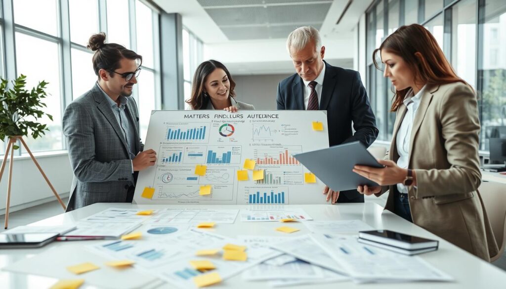 A professional and detailed scene depicting an outsourcing vendor audit process in a modern office setting. In the foreground, a diverse group of three professionals, two men and one woman, dressed in business attire, are engaged in discussion over documents and a laptop, analyzing vendor performance metrics and compliance reports. In the middle ground, a large whiteboard displays charts and graphs illustrating key audit findings, with sticky notes and printed guidelines scattered around. The background features a sleek office with large windows allowing natural light to flood in, creating a bright and focused atmosphere. The overall mood should convey diligence and professionalism, highlighting the importance of oversight in vendor practices within compliance frameworks. The image should be shot with a slight downward angle to give a comprehensive view of the dynamic interactions. A professional and detailed scene depicting an outsourcing vendor audit process in a modern office setting. In the foreground, a diverse group of three professionals, two men and one woman, dressed in business attire, are engaged in discussion over documents and a laptop, analyzing vendor performance metrics and compliance reports. In the middle ground, a large whiteboard displays charts and graphs illustrating key audit findings, with sticky notes and printed guidelines scattered around. The background features a sleek office with large windows allowing natural light to flood in, creating a bright and focused atmosphere. The overall mood should convey diligence and professionalism, highlighting the importance of oversight in vendor practices within compliance frameworks. The image should be shot with a slight downward angle to give a comprehensive view of the dynamic interactions.