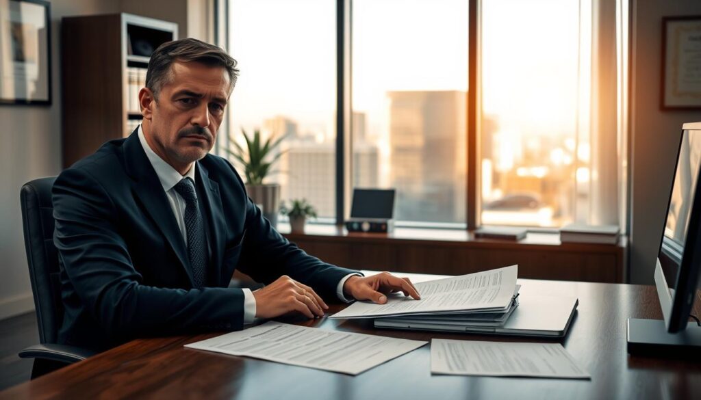 A professional legal counsel discussing polygraph results in a modern office setting. In the foreground, a well-dressed attorney in a tailored navy suit, seated at a sleek wooden desk, displays a serious and focused expression. Papers with polygraph charts and legal documents are spread out in front of them. In the middle ground, a large window reveals a cityscape, casting natural light across the room, enhancing the atmosphere of professionalism. The walls are adorned with legal books and framed certificates, adding a sense of authority. The overall mood is one of seriousness and contemplation, as if the attorney is preparing to guide a client through potential legal implications. The lighting is soft yet bright, creating an inviting and respectful environment.