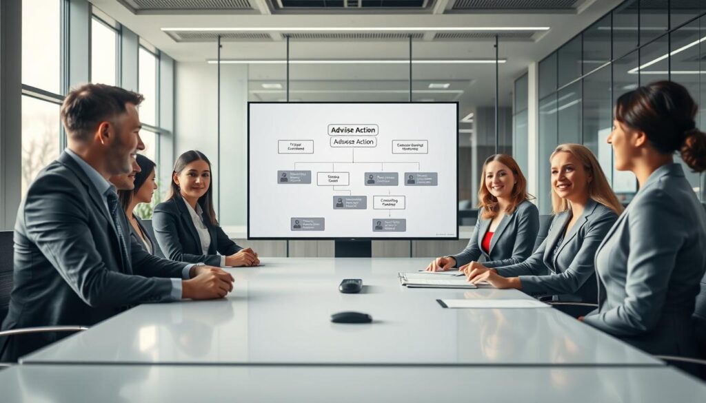 A professional office scene illustrating the adverse action process in a pre-employment background check. In the foreground, a diverse group of four professionals—two men and two women—are gathered around a modern conference table. They are dressed in business attire, engaged in a serious discussion. In the middle, a large screen displays a flowchart depicting the adverse action steps clearly. The background features a sleek office environment with large windows allowing natural light to illuminate the space, creating an optimistic atmosphere. High-angle perspective, with soft lighting emphasizing the seriousness and compliance-focused mood of the scene. The image should feel authoritative yet approachable, capturing the essence of due diligence in employment practices. A professional office scene illustrating the adverse action process in a pre-employment background check. In the foreground, a diverse group of four professionals—two men and two women—are gathered around a modern conference table. They are dressed in business attire, engaged in a serious discussion. In the middle, a large screen displays a flowchart depicting the adverse action steps clearly. The background features a sleek office environment with large windows allowing natural light to illuminate the space, creating an optimistic atmosphere. High-angle perspective, with soft lighting emphasizing the seriousness and compliance-focused mood of the scene. The image should feel authoritative yet approachable, capturing the essence of due diligence in employment practices.