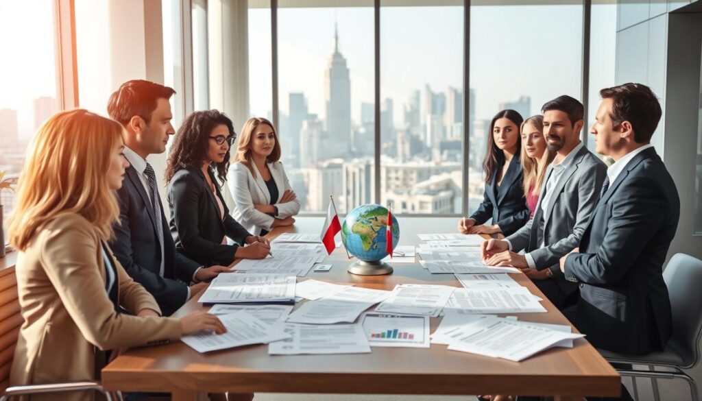 A professional office setting illustrating the concept of cross-border HR compliance challenges. In the foreground, a diverse group of business professionals—men and women of various ethnicities—are engaged in a serious discussion, dressed in smart business attire. In the middle, a large table is scattered with documents depicting compliance regulations from different countries. Visual elements like a globe and flags are subtly integrated into the scene, symbolizing international collaboration. In the background, a contemporary office with large windows letting in natural light showcases a city skyline, creating an atmosphere of urgency and professionalism. The lighting is bright and clear, with a focus on the participants’ expressions, reflecting the challenges and importance of adhering to international standards in HR practices.