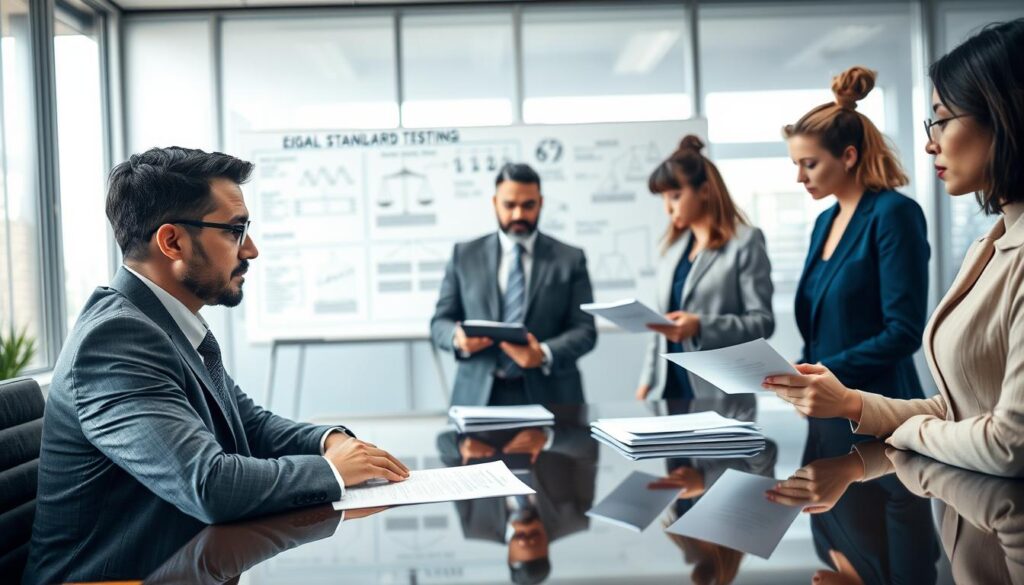 A professional office setting showcasing a diverse group of individuals engaged in a serious discussion about integrity testing and ethical implications. In the foreground, a focused man in a suit confidently reviews documents on a polished conference table, while a woman in business attire takes notes on a tablet. The middle ground features a large whiteboard with diagrams illustrating legal standards and ethical dilemmas, subtly placed to maintain focus on the participants. In the background, a well-lit, modern office environment with large windows filters natural light, creating a bright and transparent atmosphere. The color palette is professional, with blues and grays, evoking trust and seriousness. Soft lighting highlights the intensity of their conversation, capturing the critical nature of legal admissibility and ethical issues surrounding integrity testing. A professional office setting showcasing a diverse group of individuals engaged in a serious discussion about integrity testing and ethical implications. In the foreground, a focused man in a suit confidently reviews documents on a polished conference table, while a woman in business attire takes notes on a tablet. The middle ground features a large whiteboard with diagrams illustrating legal standards and ethical dilemmas, subtly placed to maintain focus on the participants. In the background, a well-lit, modern office environment with large windows filters natural light, creating a bright and transparent atmosphere. The color palette is professional, with blues and grays, evoking trust and seriousness. Soft lighting highlights the intensity of their conversation, capturing the critical nature of legal admissibility and ethical issues surrounding integrity testing.