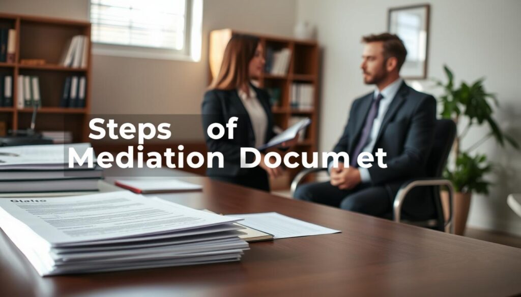 A professional setting illustrating the steps of mediation documentation. In the foreground, a neat desk with organized paperwork, including forms and notes, is displayed prominently. In the middle, two individuals in professional business attire—one a mediator and the other a participant—are engaged in discussion, emphasizing a collaborative atmosphere. The background features a softly lit office environment with a bookshelf and a window allowing natural light to filter in, casting subtle shadows. The mood is calm and focused, conveying professionalism and clarity. Capture the scene from a slightly elevated angle to highlight both the participants and the documentation on the desk, ensuring a balanced and inviting composition. A professional setting illustrating the steps of mediation documentation. In the foreground, a neat desk with organized paperwork, including forms and notes, is displayed prominently. In the middle, two individuals in professional business attire—one a mediator and the other a participant—are engaged in discussion, emphasizing a collaborative atmosphere. The background features a softly lit office environment with a bookshelf and a window allowing natural light to filter in, casting subtle shadows. The mood is calm and focused, conveying professionalism and clarity. Capture the scene from a slightly elevated angle to highlight both the participants and the documentation on the desk, ensuring a balanced and inviting composition.