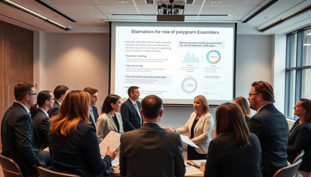 A professional training session for polygraph examiners, focused on the role of national organizations. In the foreground, a diverse group of examiners in professional business attire engaged in a lively discussion, surrounded by training materials and certification documents. The middle ground features a large projection screen displaying key metrics and graphical standards related to examiner training. In the background, a modern training room with soft, diffused lighting creates an informative atmosphere, enhanced by large windows allowing natural light. The camera angle is slightly elevated, capturing the interaction between participants and the presentation, emphasizing collaboration and knowledge sharing. The overall mood is focused, serious, and supportive, highlighting the importance of rigorous standards in examiner training and certification.