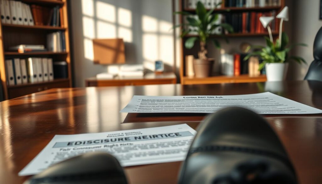 A well-organized office scene featuring a close-up view of a Fair Credit Reporting Act (FCRA) required disclosure form laid out on a polished wooden desk. The form is neatly printed, with sections clearly outlined, including headings like "Consumer Rights" and "Disclosure Notice." In the background, shelves filled with books and a potted plant add a touch of professionalism. Soft, natural lighting from a nearby window illuminates the scene, casting gentle shadows on the desk. A pair of professional business shoes is visible in the foreground, indicating someone is present, but the focus remains on the form. The overall atmosphere is serious and informative, reflecting the importance of compliance and transparency in employment practices. A well-organized office scene featuring a close-up view of a Fair Credit Reporting Act (FCRA) required disclosure form laid out on a polished wooden desk. The form is neatly printed, with sections clearly outlined, including headings like "Consumer Rights" and "Disclosure Notice." In the background, shelves filled with books and a potted plant add a touch of professionalism. Soft, natural lighting from a nearby window illuminates the scene, casting gentle shadows on the desk. A pair of professional business shoes is visible in the foreground, indicating someone is present, but the focus remains on the form. The overall atmosphere is serious and informative, reflecting the importance of compliance and transparency in employment practices.