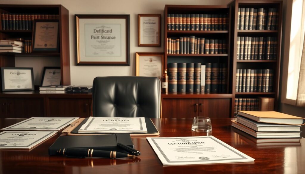 A well-organized office space with a focus on certification standards for polygraph examiners. In the foreground, a polished wooden desk features an assortment of professional-looking certificates and awards, neatly arranged with a sleek pen and a magnifying glass. In the middle ground, a framed diploma hangs on the wall, surrounded by accolades in elegant frames. The background displays a bookshelf filled with legal texts and training manuals pertaining to polygraph examination. Soft, natural lighting filters through a window, casting a warm glow across the scene. The mood is one of professionalism and academic achievement, emphasizing the importance of certification in the field. The overall composition is inviting and meticulously arranged, without any human figures, ensuring a clear focus on the certification theme.