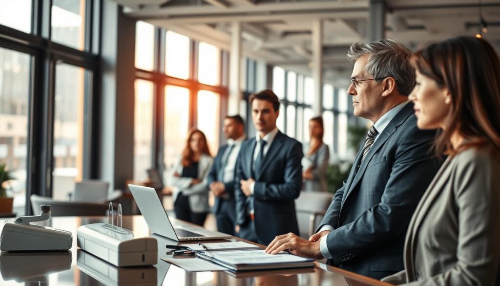 A detailed, professional office scene in a modern workplace setting, featuring a diverse group of business people engaging in a discussion about employer responsibilities and employee rights under the EPPA. In the foreground, a confident manager, dressed in a tailored suit, stands next to a seated employee wearing business casual attire, both involved in a serious yet constructive conversation. The middle ground showcases a table with legal documents, a laptop, and a polygraph machine, symbolizing workplace evaluation methods. The background illustrates an elegantly designed office with large windows letting in warm, natural light, creating an inviting atmosphere. The overall mood is focused and respectful, highlighting the importance of rights and responsibilities in a corporate environment. The image should capture clarity, professionalism, and engagement, with a slight tilt angle for dynamic perspective. A detailed, professional office scene in a modern workplace setting, featuring a diverse group of business people engaging in a discussion about employer responsibilities and employee rights under the EPPA. In the foreground, a confident manager, dressed in a tailored suit, stands next to a seated employee wearing business casual attire, both involved in a serious yet constructive conversation. The middle ground showcases a table with legal documents, a laptop, and a polygraph machine, symbolizing workplace evaluation methods. The background illustrates an elegantly designed office with large windows letting in warm, natural light, creating an inviting atmosphere. The overall mood is focused and respectful, highlighting the importance of rights and responsibilities in a corporate environment. The image should capture clarity, professionalism, and engagement, with a slight tilt angle for dynamic perspective.