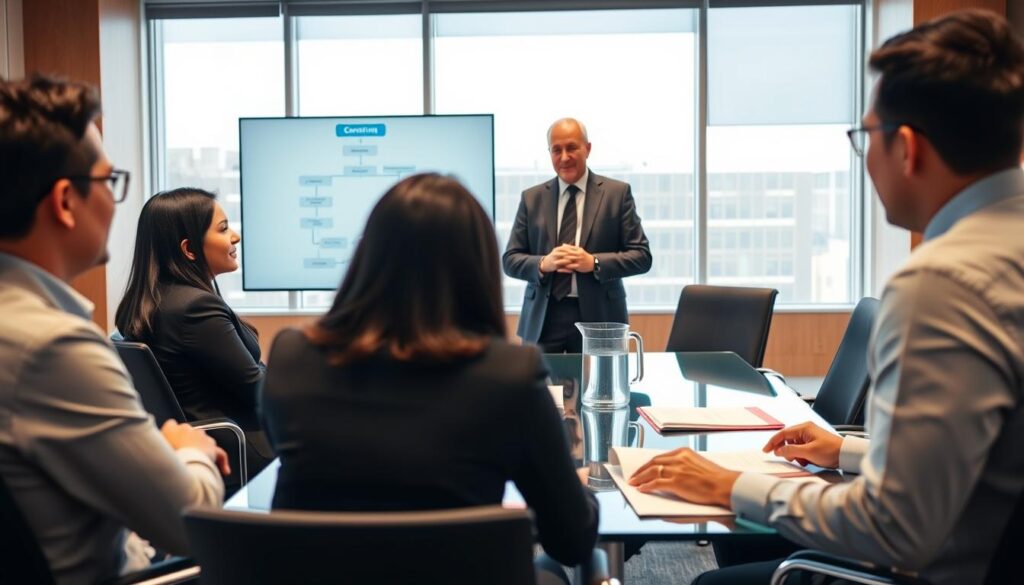 A professional conference room setting for an employee briefing on the consent process for polygraph testing. In the foreground, a diverse group of three employees, one Asian, one Black, and one Hispanic, dressed in smart business attire, are seated at a modern glass table, attentively listening to a middle-aged Caucasian male facilitator standing beside a digital screen displaying a flowchart of the consent process. The middle ground features well-organized paperwork and a water pitcher, emphasizing the organized nature of the briefing. In the background, large windows let in natural light, illuminating the room and creating a warm, focused atmosphere. Use soft, even lighting to convey a professional and calm mood, with a slight depth of field to highlight the interaction between the facilitator and the employees. A professional conference room setting for an employee briefing on the consent process for polygraph testing. In the foreground, a diverse group of three employees, one Asian, one Black, and one Hispanic, dressed in smart business attire, are seated at a modern glass table, attentively listening to a middle-aged Caucasian male facilitator standing beside a digital screen displaying a flowchart of the consent process. The middle ground features well-organized paperwork and a water pitcher, emphasizing the organized nature of the briefing. In the background, large windows let in natural light, illuminating the room and creating a warm, focused atmosphere. Use soft, even lighting to convey a professional and calm mood, with a slight depth of field to highlight the interaction between the facilitator and the employees.