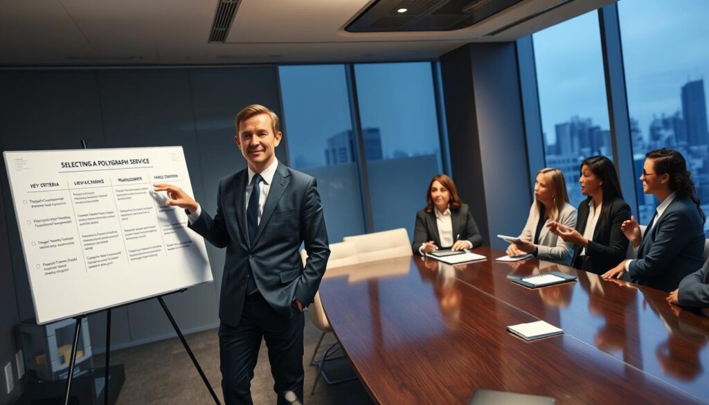 A professional interior setting featuring a sleek conference room, illuminated by soft, diffused lighting. In the foreground, a well-dressed consultant stands confidently in a tailored suit, pointing to a clear, modern presentation board with key criteria outlined for selecting a polygraph service. The consultant has an attentive expression, conveying expertise and authority. In the middle ground, a diverse group of business professionals in smart attire, engaged in discussion, are seated around a polished wooden table, with notepads and devices in front of them, taking notes. In the background, large windows reveal a city skyline, suggesting a corporate environment. The overall mood is focused and serious, capturing the essence of professionalism and strategic decision-making. A professional interior setting featuring a sleek conference room, illuminated by soft, diffused lighting. In the foreground, a well-dressed consultant stands confidently in a tailored suit, pointing to a clear, modern presentation board with key criteria outlined for selecting a polygraph service. The consultant has an attentive expression, conveying expertise and authority. In the middle ground, a diverse group of business professionals in smart attire, engaged in discussion, are seated around a polished wooden table, with notepads and devices in front of them, taking notes. In the background, large windows reveal a city skyline, suggesting a corporate environment. The overall mood is focused and serious, capturing the essence of professionalism and strategic decision-making.