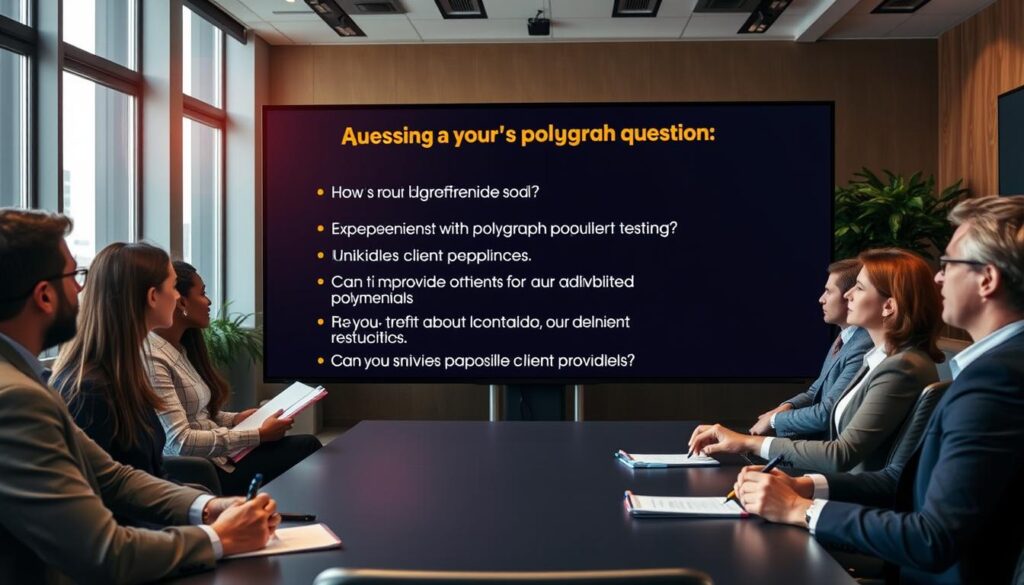 A professional-setting conference room filled with a diverse group of business professionals engaged in discussion. In the foreground, a well-dressed man and woman, both wearing business attire, are seated at a table with notepads and pens, actively taking notes. The middle ground features a large digital display board showcasing a list of insightful questions to ask polygraph providers, such as "What is your experience with polygraph testing?" and "Can you provide client testimonials?". In the background, natural light filters through large windows, casting a warm glow, while a potted plant adds a touch of greenery. The atmosphere is focused and professional, emphasizing careful consideration in choosing a service provider. A professional-setting conference room filled with a diverse group of business professionals engaged in discussion. In the foreground, a well-dressed man and woman, both wearing business attire, are seated at a table with notepads and pens, actively taking notes. The middle ground features a large digital display board showcasing a list of insightful questions to ask polygraph providers, such as "What is your experience with polygraph testing?" and "Can you provide client testimonials?". In the background, natural light filters through large windows, casting a warm glow, while a potted plant adds a touch of greenery. The atmosphere is focused and professional, emphasizing careful consideration in choosing a service provider.