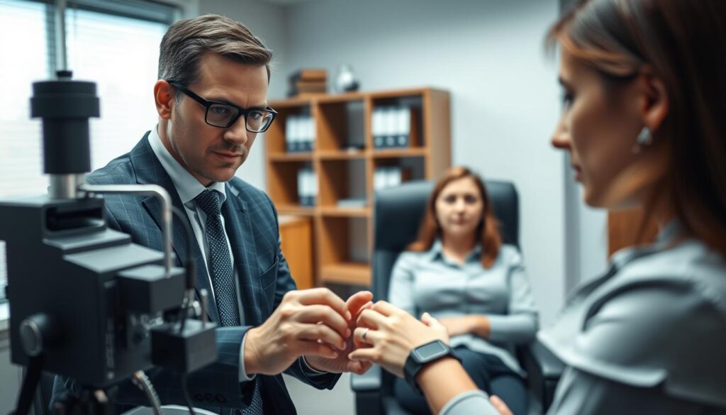 A professional setting depicting a legal compliance polygraph testing scenario. In the foreground, a well-dressed examiner, wearing a suit, calibrates a modern polygraph machine with a focused expression. The middle ground features a calm job applicant, dressed in smart casual attire, seated comfortably in a chair, with sensors attached to their wrists. They display a neutral, thoughtful expression while looking at the examiner. The background includes soft-focus furniture typical of an office environment, such as a desk and legal bookshelves. The lighting is bright and professional, creating an atmosphere of seriousness and integrity, complemented by a slight vignette effect to draw attention to the subjects. The angle is slightly low, emphasizing the importance of the testing procedure. A professional setting depicting a legal compliance polygraph testing scenario. In the foreground, a well-dressed examiner, wearing a suit, calibrates a modern polygraph machine with a focused expression. The middle ground features a calm job applicant, dressed in smart casual attire, seated comfortably in a chair, with sensors attached to their wrists. They display a neutral, thoughtful expression while looking at the examiner. The background includes soft-focus furniture typical of an office environment, such as a desk and legal bookshelves. The lighting is bright and professional, creating an atmosphere of seriousness and integrity, complemented by a slight vignette effect to draw attention to the subjects. The angle is slightly low, emphasizing the importance of the testing procedure.