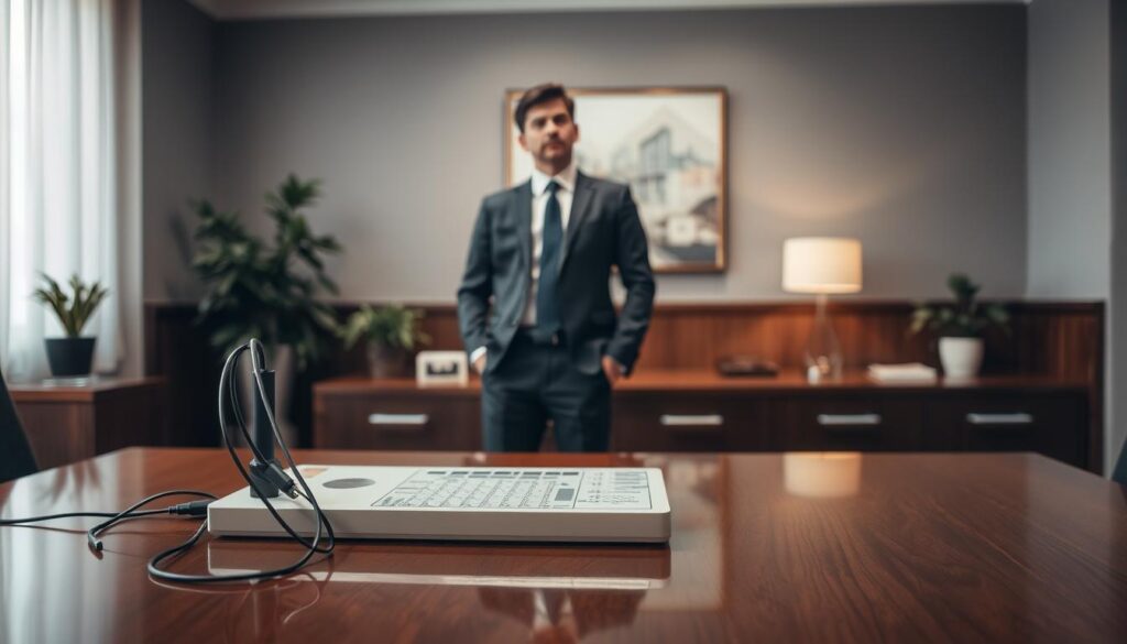 A balanced polygraph machine symbolizes workplace integrity, set on an elegant, polished wooden desk in a modern office environment. In the foreground, the polygraph machine sits prominently, its wires neatly arranged, reflecting soft, diffused overhead lighting. In the middle ground, a well-dressed professional, wearing formal business attire, stands thoughtfully beside the desk, displaying a posture that suggests contemplation between ethical responsibilities and employer needs. In the background, tasteful office decor includes potted plants and abstract artwork, enhancing the professional atmosphere. The scene conveys a mood of seriousness and thoughtfulness, emphasizing the importance of ethical considerations in employment screening, with warm, inviting tones and a focus on clarity and professionalism.