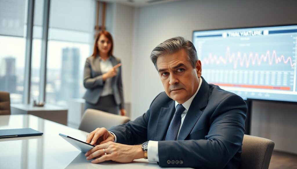 A professional setting depicting a polygraph dispute resolution scene. In the foreground, a serious-looking, middle-aged man in a suit is sitting at a conference table, reviewing polygraph results on a digital tablet. He appears focused, with furrowed brows and a concerned expression. In the middle ground, a woman in formal business attire stands, pointing to a large screen displaying fluctuating polygraph data, illustrating tension and discussion. In the background, a neutral-toned office with modern furniture and a window revealing a cityscape, suggesting a high-stakes environment. Soft, diffused lighting enhances the atmosphere of professionalism and urgency, while a slight depth of field keeps attention on the characters and their interaction. Aim for a mood of concentration and resolution. A professional setting depicting a polygraph dispute resolution scene. In the foreground, a serious-looking, middle-aged man in a suit is sitting at a conference table, reviewing polygraph results on a digital tablet. He appears focused, with furrowed brows and a concerned expression. In the middle ground, a woman in formal business attire stands, pointing to a large screen displaying fluctuating polygraph data, illustrating tension and discussion. In the background, a neutral-toned office with modern furniture and a window revealing a cityscape, suggesting a high-stakes environment. Soft, diffused lighting enhances the atmosphere of professionalism and urgency, while a slight depth of field keeps attention on the characters and their interaction. Aim for a mood of concentration and resolution.