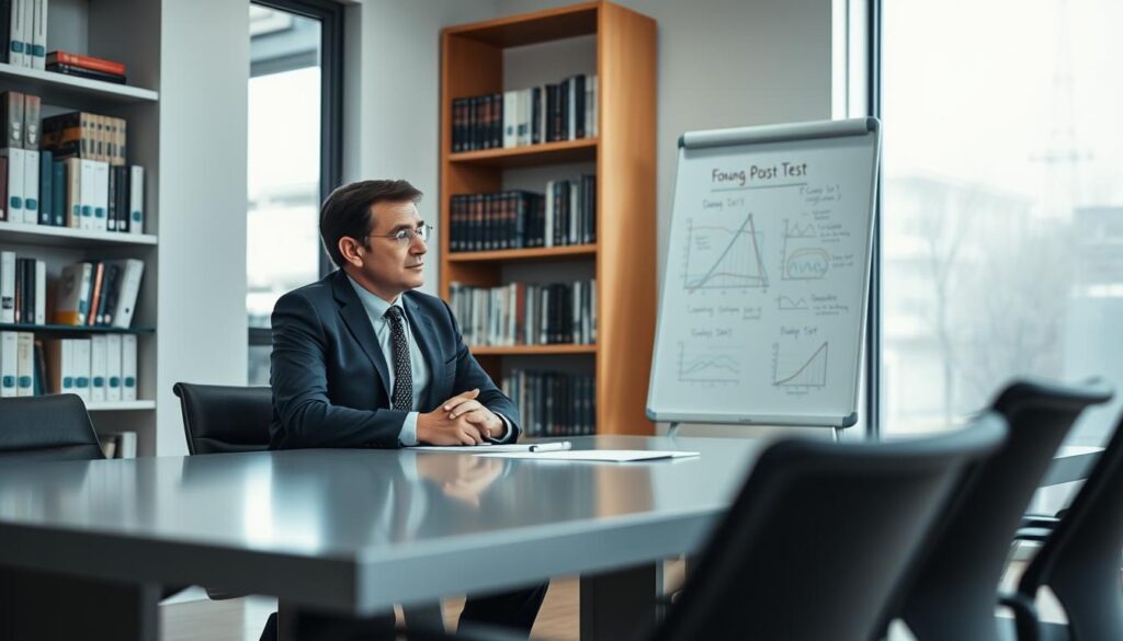 A professional setting depicting a post-test discussion in a bright, modern office space. In the foreground, two individuals in professional business attire—one male and one female—sitting at a sleek conference table, engaged in a thoughtful conversation. Their expressions are focused and attentive, conveying a sense of reflection and collaboration. In the middle ground, a large window with natural light streams in, illuminating a whiteboard filled with notes and graphs related to polygraph results. In the background, shelves lined with books on psychology and assessment methods create an academic atmosphere. The mood is serious yet constructive, highlighting the importance of open communication and understanding in post-test analysis. The camera angle is slightly elevated to capture the dynamics of the discussion. A professional setting depicting a post-test discussion in a bright, modern office space. In the foreground, two individuals in professional business attire—one male and one female—sitting at a sleek conference table, engaged in a thoughtful conversation. Their expressions are focused and attentive, conveying a sense of reflection and collaboration. In the middle ground, a large window with natural light streams in, illuminating a whiteboard filled with notes and graphs related to polygraph results. In the background, shelves lined with books on psychology and assessment methods create an academic atmosphere. The mood is serious yet constructive, highlighting the importance of open communication and understanding in post-test analysis. The camera angle is slightly elevated to capture the dynamics of the discussion.
