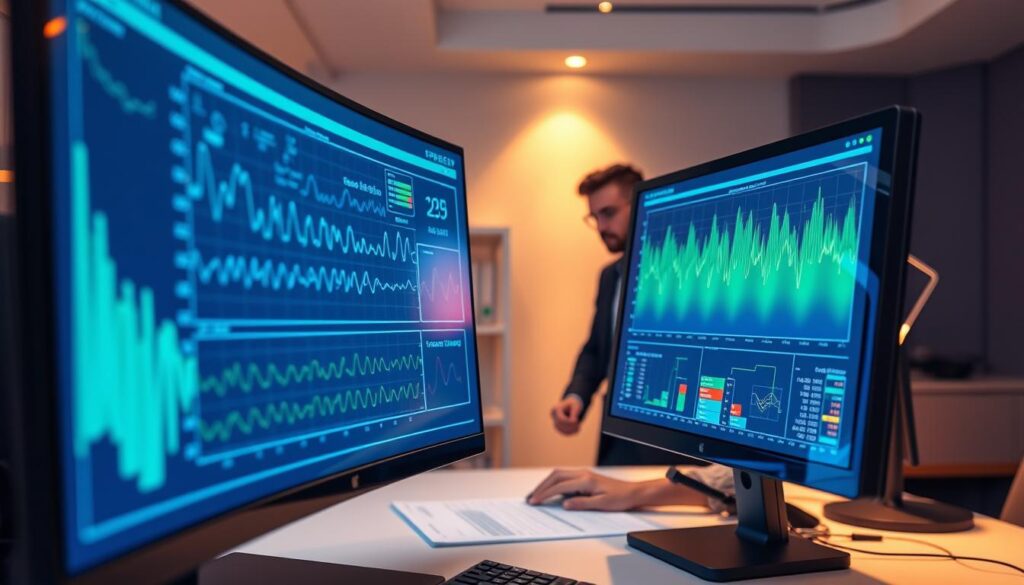 A sleek, modern interface of polygraph data analysis software displayed on a high-resolution monitor, positioned prominently in the foreground. The screen showcases dynamic graphs, waveforms, and real-time data analytics, projected in vibrant colors like blue and green. In the middle layer, there is a professional analyst, wearing smart business attire, intently examining the data while interacting with the software using a mouse. The background features a softly lit room with minimalistic design elements, including a bookshelf with reference materials and a sophisticated desk with other technological gadgets. The atmosphere conveys a sense of precision and focus, enhanced by warm, ambient lighting that creates a comfortable yet high-tech environment. The angle captures the interaction between the analyst and the screen, emphasizing the role of technology in the polygraph testing process.