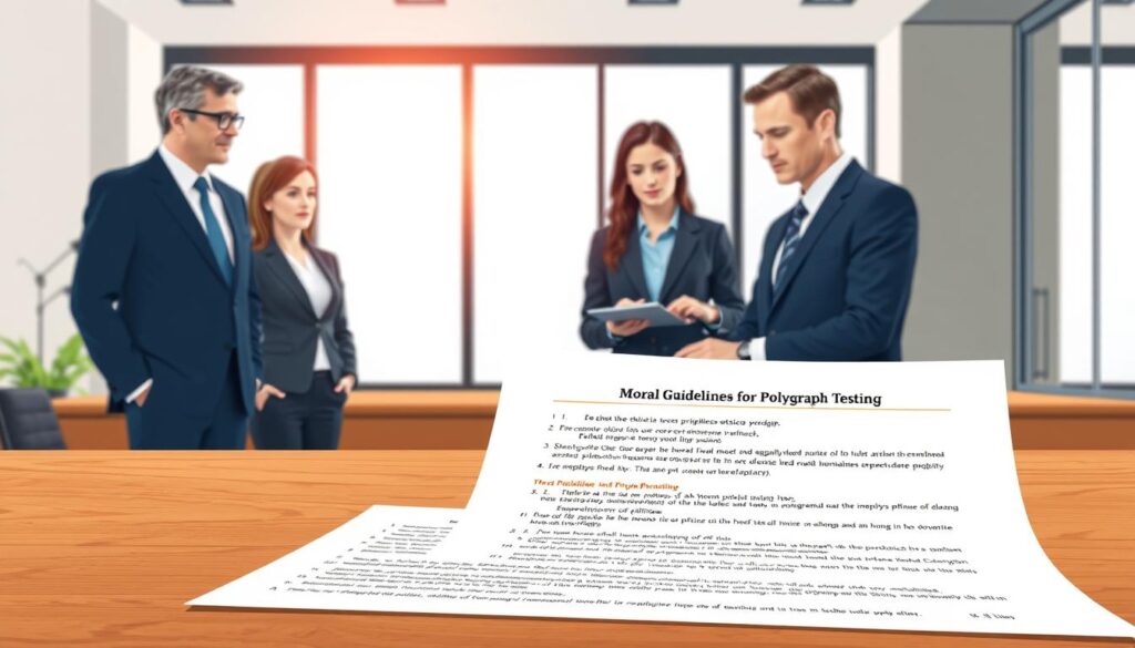 A visually engaging illustration of "Moral Guidelines for Polygraph Testing" in a modern office setting. In the foreground, a polished wooden desk displays a detailed document outlining ethical principles for polygraph use, with bullet points clearly visible. In the middle ground, a diverse group of professionals in business attire—a woman and a man discussing the guidelines—show engaged expressions, demonstrating collaboration in this important task. The background features a large window with soft, natural light streaming in, illuminating the space and creating a professional atmosphere. The mood should reflect seriousness and intent, with a focus on responsibility and ethics in employment screening. The composition emphasizes clarity and professionalism, suitable for an informative article illustration.