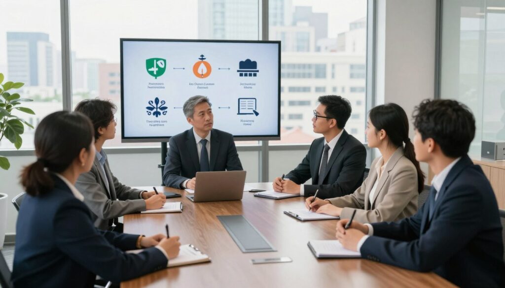 A diverse group of professionals engaged in a discussion on cultural views regarding lie detection, set in a modern office environment. In the foreground, individuals of different ethnicities and genders are seated around a sleek conference table, actively listening and taking notes. The middle ground features a large screen displaying visual representations of cultural symbols and concepts related to honesty and trustworthiness. In the background, a floor-to-ceiling window reveals a cityscape, bathed in warm, natural light, suggesting a collaborative and open atmosphere. The mood is serious yet respectful, reflecting an environment of learning and understanding. Use a slightly elevated angle to capture the participants' expressions and the significance of their dialogue while maintaining a professional business attire for all individuals.