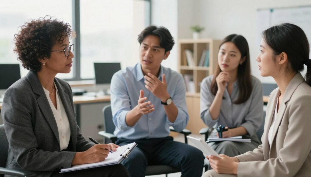 A diverse group of professionals in a well-lit, modern office environment, engaged in a respectful discussion about polygraph testing. In the foreground, a middle-aged Black woman in a smart blazer and glasses takes notes, while a young Asian woman in professional attire listens attentively. In the middle ground, a Hispanic man in a crisp shirt gestures thoughtfully, and a Caucasian woman nods in understanding, indicating a collaborative atmosphere. The background features a softly blurred office space with large windows allowing natural light to flood in, creating a warm, inviting feel. The mood is professional yet empathetic, emphasizing cultural sensitivity and respect in the context of polygraph testing. The scene captures a moment of thoughtful exchange, highlighting the importance of understanding diverse perspectives.