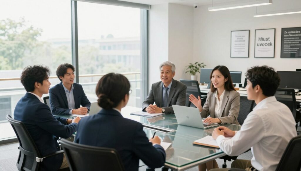 A professional office environment depicted in a bright, welcoming atmosphere. In the foreground, a diverse group of employees, dressed in smart business attire, are engaged in an open discussion around a transparent conference table, symbolizing honesty and openness. In the middle ground, large windows let in natural light, creating a sense of openness and clarity, with a subtle reflection of the outside trees that reinforce the theme of transparency. The background shows clear, organized office spaces with motivational quotes framed on the walls, emphasizing trust and teamwork. The mood is collaborative and positive, with soft lighting that creates a warm yet professional ambiance. The angle is slightly elevated, capturing the interactions among the employees while highlighting the transparency motif. A professional office environment depicted in a bright, welcoming atmosphere. In the foreground, a diverse group of employees, dressed in smart business attire, are engaged in an open discussion around a transparent conference table, symbolizing honesty and openness. In the middle ground, large windows let in natural light, creating a sense of openness and clarity, with a subtle reflection of the outside trees that reinforce the theme of transparency. The background shows clear, organized office spaces with motivational quotes framed on the walls, emphasizing trust and teamwork. The mood is collaborative and positive, with soft lighting that creates a warm yet professional ambiance. The angle is slightly elevated, capturing the interactions among the employees while highlighting the transparency motif.