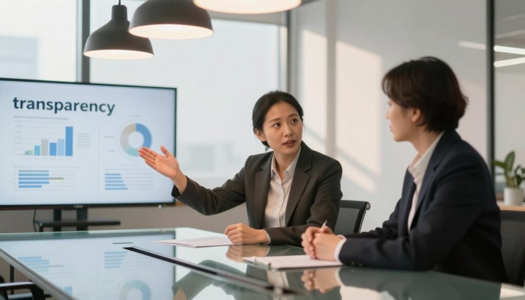 A serene office environment illustrating the concept of "transparency." In the foreground, a glass conference table reflecting the soft glow of overhead pendant lights, suggesting openness. In the middle ground, two professionals in smart business attire are engaged in conversation; one gestures toward a transparent presentation screen displaying abstract graphs and charts representing data flow. Personal expressions convey a mix of curiosity and reassurance, symbolizing a supportive dialogue. In the background, large windows allow natural light to stream in, casting gentle shadows and enhancing the atmosphere of clarity and trust. The overall mood is calm and professional, emphasizing communication and understanding in the workplace. Use a soft-focus lens to create a warm, inviting ambiance. A serene office environment illustrating the concept of "transparency." In the foreground, a glass conference table reflecting the soft glow of overhead pendant lights, suggesting openness. In the middle ground, two professionals in smart business attire are engaged in conversation; one gestures toward a transparent presentation screen displaying abstract graphs and charts representing data flow. Personal expressions convey a mix of curiosity and reassurance, symbolizing a supportive dialogue. In the background, large windows allow natural light to stream in, casting gentle shadows and enhancing the atmosphere of clarity and trust. The overall mood is calm and professional, emphasizing communication and understanding in the workplace. Use a soft-focus lens to create a warm, inviting ambiance.