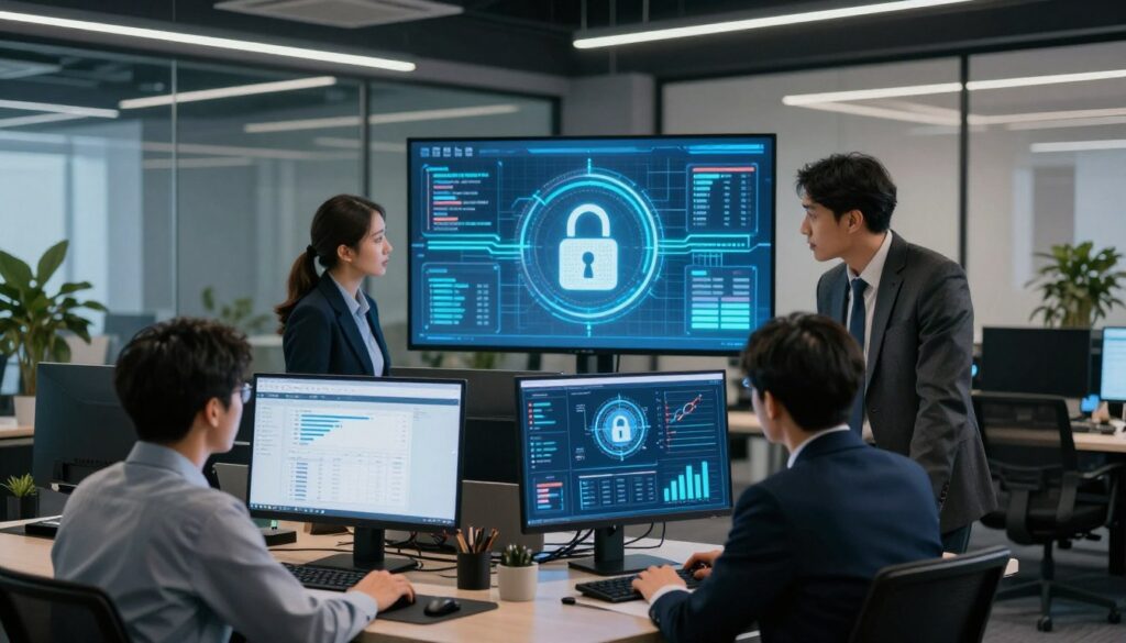 A modern office environment with a focus on data protection and secure data handling. In the foreground, a diverse group of three professionals in business attire converses over a computer displaying complex data charts and security protocols. In the middle, a large digital screen shows a lock symbol and encrypted data flow, symbolizing confidentiality. The background features a sleek office with glass walls, plants, and soft ambient lighting that creates a calm and focused atmosphere. The scene is shot from a slightly elevated angle, providing a clear view of the interaction and technological elements. The mood conveys professionalism, security, and collaboration in maintaining data integrity. A modern office environment with a focus on data protection and secure data handling. In the foreground, a diverse group of three professionals in business attire converses over a computer displaying complex data charts and security protocols. In the middle, a large digital screen shows a lock symbol and encrypted data flow, symbolizing confidentiality. The background features a sleek office with glass walls, plants, and soft ambient lighting that creates a calm and focused atmosphere. The scene is shot from a slightly elevated angle, providing a clear view of the interaction and technological elements. The mood conveys professionalism, security, and collaboration in maintaining data integrity.
