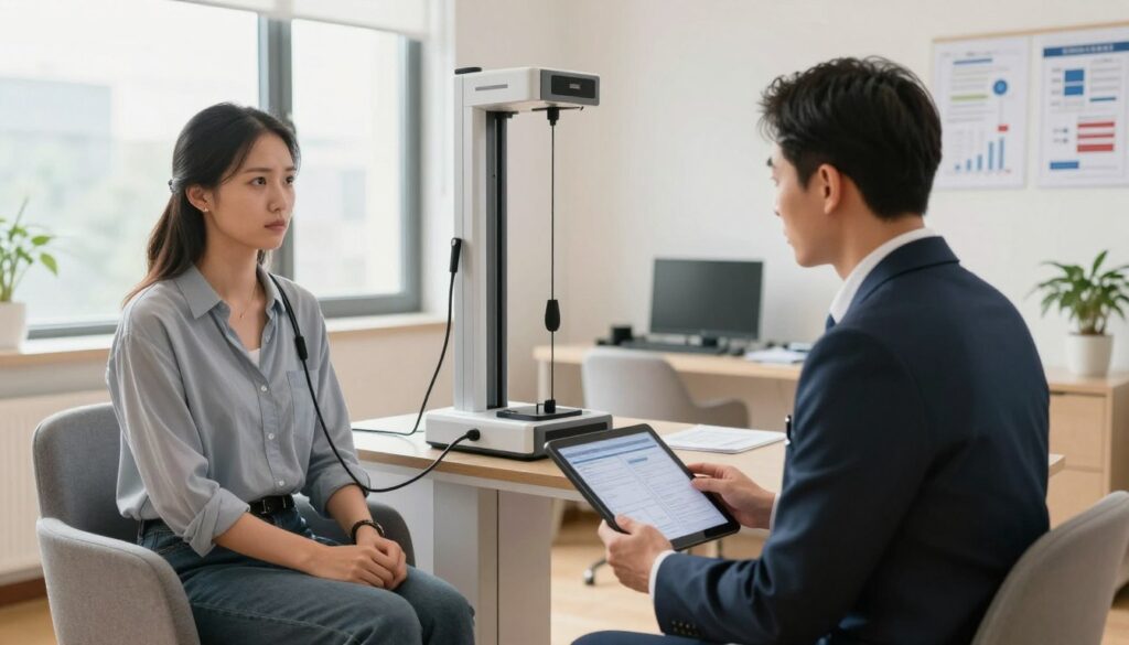 A modern office space with a focus on customized polygraph testing. In the foreground, a professional-looking examiner, wearing a crisp suit, observes a nervous client seated on a comfortable chair, both engaged in an intense discussion. The examiner holds a tablet displaying tailored test data. In the middle, a polygraph machine is connected to the client, featuring sleek design and visible wires. The background showcases a bright, well-lit room with large windows allowing natural light, and subtle hints of charts and documents related to tailored testing on a polished desk. The atmosphere is tense yet professional, conveying a sense of trust and seriousness in the process of customized assessments. Use a warm color palette to enhance the inviting yet serious mood. A modern office space with a focus on customized polygraph testing. In the foreground, a professional-looking examiner, wearing a crisp suit, observes a nervous client seated on a comfortable chair, both engaged in an intense discussion. The examiner holds a tablet displaying tailored test data. In the middle, a polygraph machine is connected to the client, featuring sleek design and visible wires. The background showcases a bright, well-lit room with large windows allowing natural light, and subtle hints of charts and documents related to tailored testing on a polished desk. The atmosphere is tense yet professional, conveying a sense of trust and seriousness in the process of customized assessments. Use a warm color palette to enhance the inviting yet serious mood.