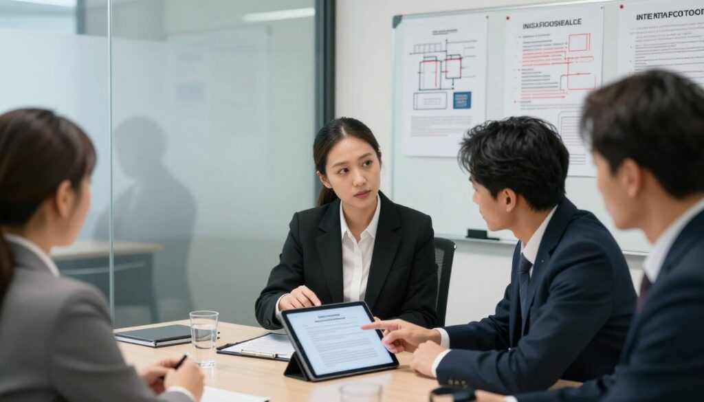 A professional office environment depicting a meeting room focused on confidentiality in polygraph testing. In the foreground, a diverse group of three professionals in business attire is engaged in a discussion, one person pointing at a tablet displaying a confidential document. In the middle ground, a large glass wall reflects the shadows of the participants, creating an atmosphere of secrecy and responsibility. The background features a whiteboard filled with diagrams and notes about breaches and resolutions highlighted with red markers. Use soft, natural lighting to create a focused yet serious mood, emphasizing the importance of confidentiality. A slight depth of field blur should enhance the professionalism of the scene, drawing attention to the engaged participants. A professional office environment depicting a meeting room focused on confidentiality in polygraph testing. In the foreground, a diverse group of three professionals in business attire is engaged in a discussion, one person pointing at a tablet displaying a confidential document. In the middle ground, a large glass wall reflects the shadows of the participants, creating an atmosphere of secrecy and responsibility. The background features a whiteboard filled with diagrams and notes about breaches and resolutions highlighted with red markers. Use soft, natural lighting to create a focused yet serious mood, emphasizing the importance of confidentiality. A slight depth of field blur should enhance the professionalism of the scene, drawing attention to the engaged participants.