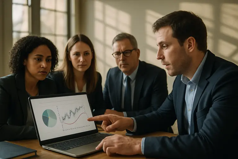 Compliance team discussing an investigation file in a conference room