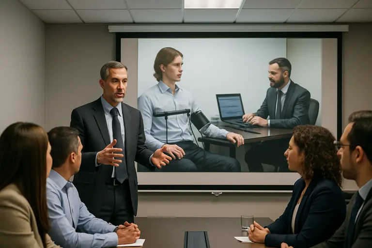 Human resources team reviewing documents around a conference table