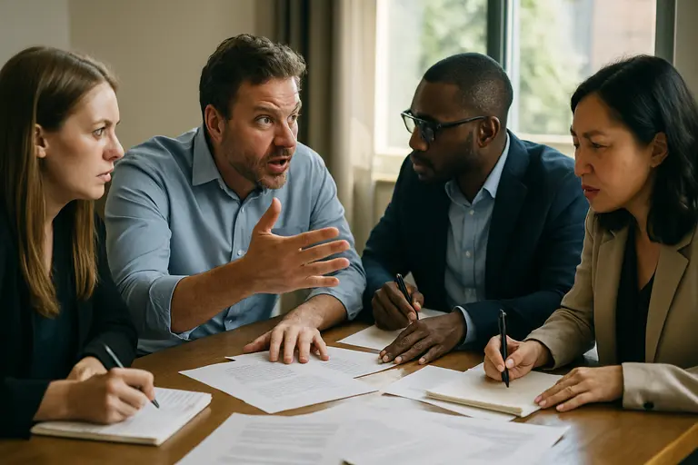 Policy team reviewing investigation documents during an internal governance meeting
