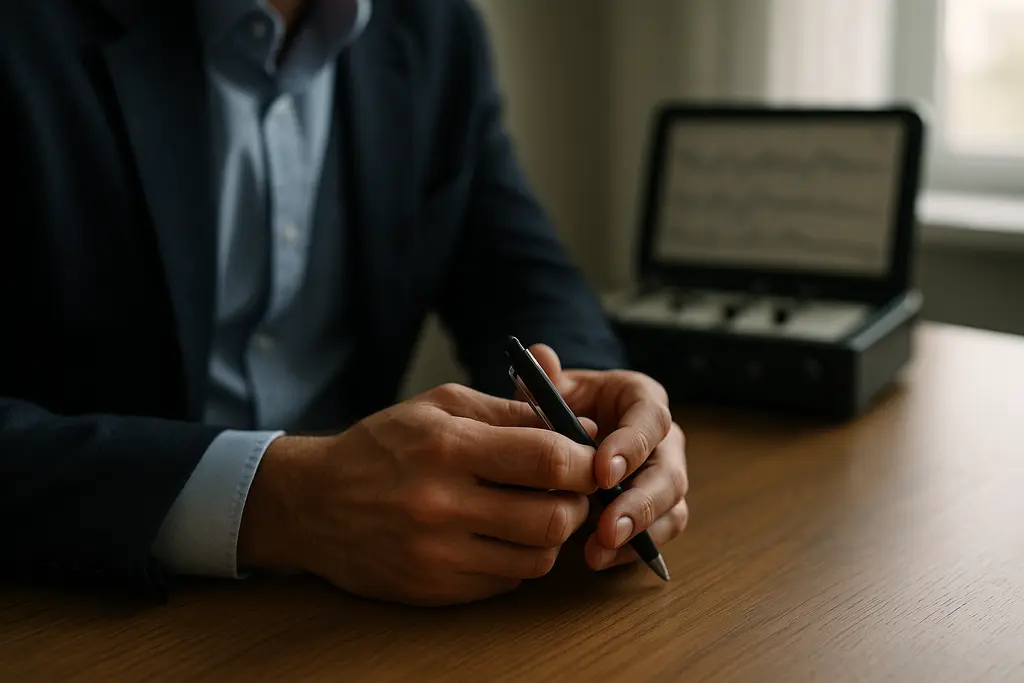Employee reviewing polygraph examination rights before a workplace integrity interview