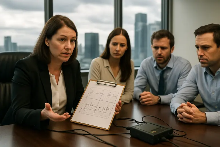 Workplace investigation team reviewing documents before considering a polygraph service