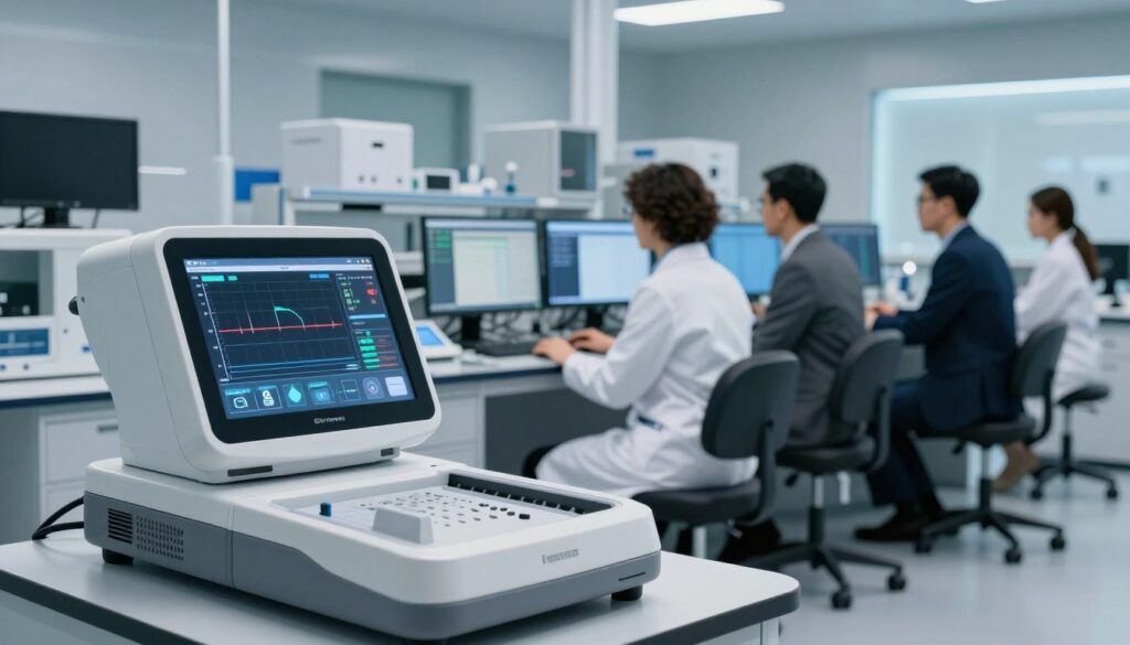 A modern forensic science laboratory featuring advanced digital polygraph equipment in a well-lit, high-tech environment. In the foreground, a sleek, digital polygraph machine displays various graphs and readings, highlighting its state-of-the-art technology. In the middle ground, a diverse team of professionals in business attire, including a forensic scientist and a technician, are actively analyzing data on computer screens, engaged in discussion. The background showcases a modern lab with illuminated monitors, data analysis software, and scientific instruments, reflecting a sophisticated atmosphere. The lighting is bright yet soft, creating a professional ambiance that exudes innovation and precision in the field of lie detection technology. The overall mood is serious and focused, emphasizing the evolution of polygraph testing in contemporary forensic science.