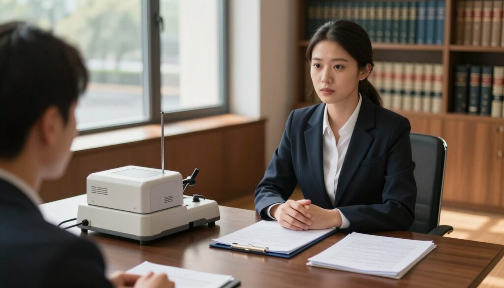 A professional office setting featuring a confident polygraph examiner in business attire, sitting at a sleek conference table filled with legal documents and a polygraph machine. In the foreground, a close-up of the examiner's focused expression as they engage in an interview with an unseen client, emphasizing the importance of legal considerations in their work. The middle ground shows a large window with natural sunlight streaming in, casting soft shadows across the polished wooden floor. The background includes shelves filled with law books, creating a scholarly atmosphere. The mood is serious yet approachable, highlighted by warm lighting that suggests a professional yet inviting environment. Capture this scene using a shallow depth of field for added focus on the examiner and soft bokeh in the background. A professional office setting featuring a confident polygraph examiner in business attire, sitting at a sleek conference table filled with legal documents and a polygraph machine. In the foreground, a close-up of the examiner's focused expression as they engage in an interview with an unseen client, emphasizing the importance of legal considerations in their work. The middle ground shows a large window with natural sunlight streaming in, casting soft shadows across the polished wooden floor. The background includes shelves filled with law books, creating a scholarly atmosphere. The mood is serious yet approachable, highlighted by warm lighting that suggests a professional yet inviting environment. Capture this scene using a shallow depth of field for added focus on the examiner and soft bokeh in the background.