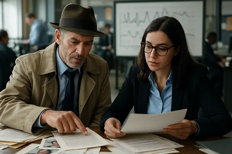 Investigation materials including documents, timeline notes, and a laptop