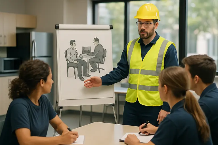 Manager reviewing written workplace integrity procedures with a small team