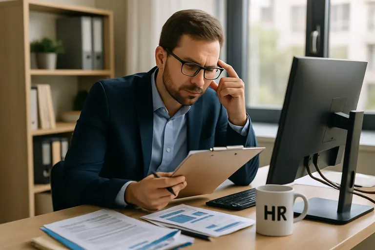 HR checklist with policy notes and interview materials