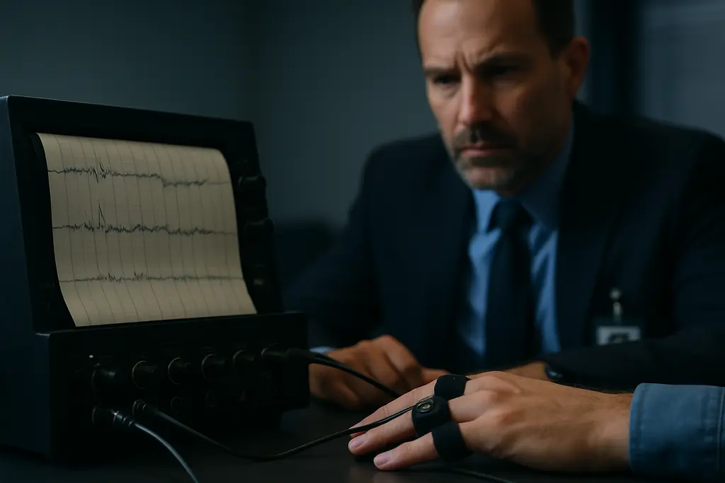 DHS polygraph use review with documents, recorder, and interview room table