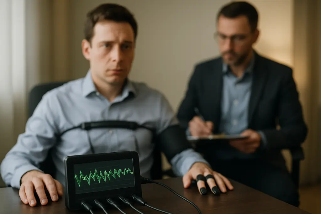 Polygraph Examination Process in a calm interview room with sensors on a desk