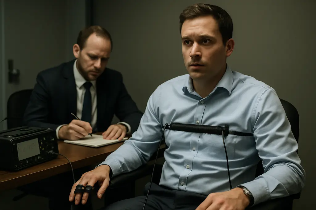 Polygraph testing interview room with two professionals reviewing case notes