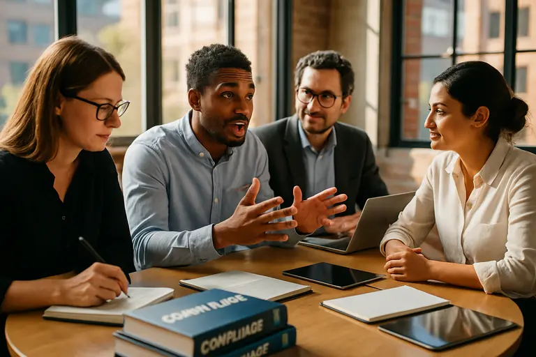Compliance team reviewing an investigation policy around a meeting table