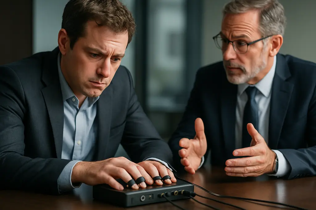 Compliance officer reviewing EPPA polygraph limits documents at a desk
